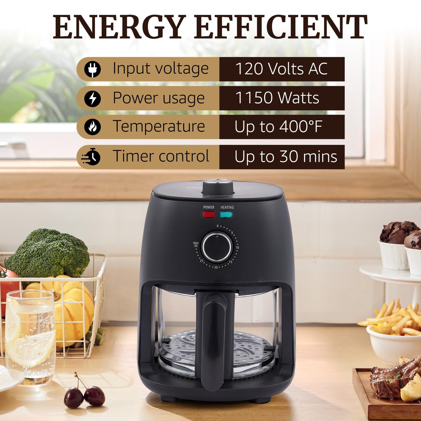 Elite Gourmet Glass Air Fryer, 2.4 Qt Compact Size for 1–2 People, PFAS-Free Ceramic & Glass Basket, Visible Cooking, Adjustable Temp 175–400°F, 1150W, Black