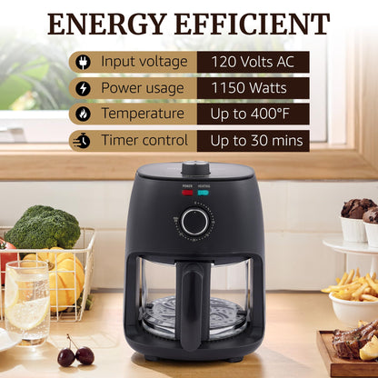 Elite Gourmet Glass Air Fryer, 2.4 Qt Compact Size for 1–2 People, PFAS-Free Ceramic & Glass Basket, Visible Cooking, Adjustable Temp 175–400°F, 1150W, Black
