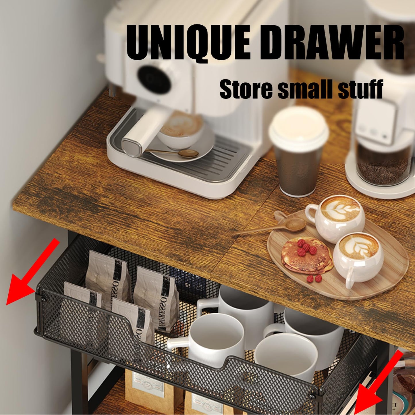 3 Tier Rolling Coffee Cart with 2-Door & Pull-Out Wire Basket Drawer, Movable Coffee Bar Cabinet on Lockable Casters, 32.7" H Microwave Cart with Storage for Home, Kitchen, Dining Room (Rustic Brown)