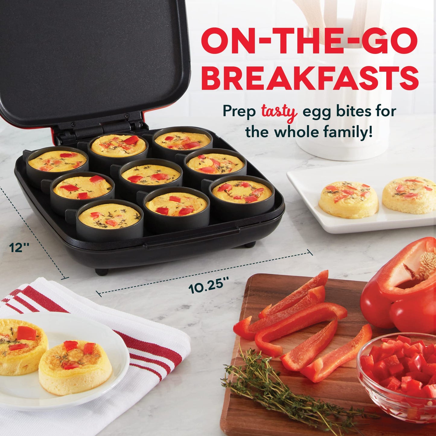 Dash Family Size Egg Bite Maker - Electric Egg Bite Maker with Non-Stick Silicone Cups - Space-Saving Design & Quick Cleanup - Make Sandwiches, Healthy Snacks & Desserts - 9 Servings, Red