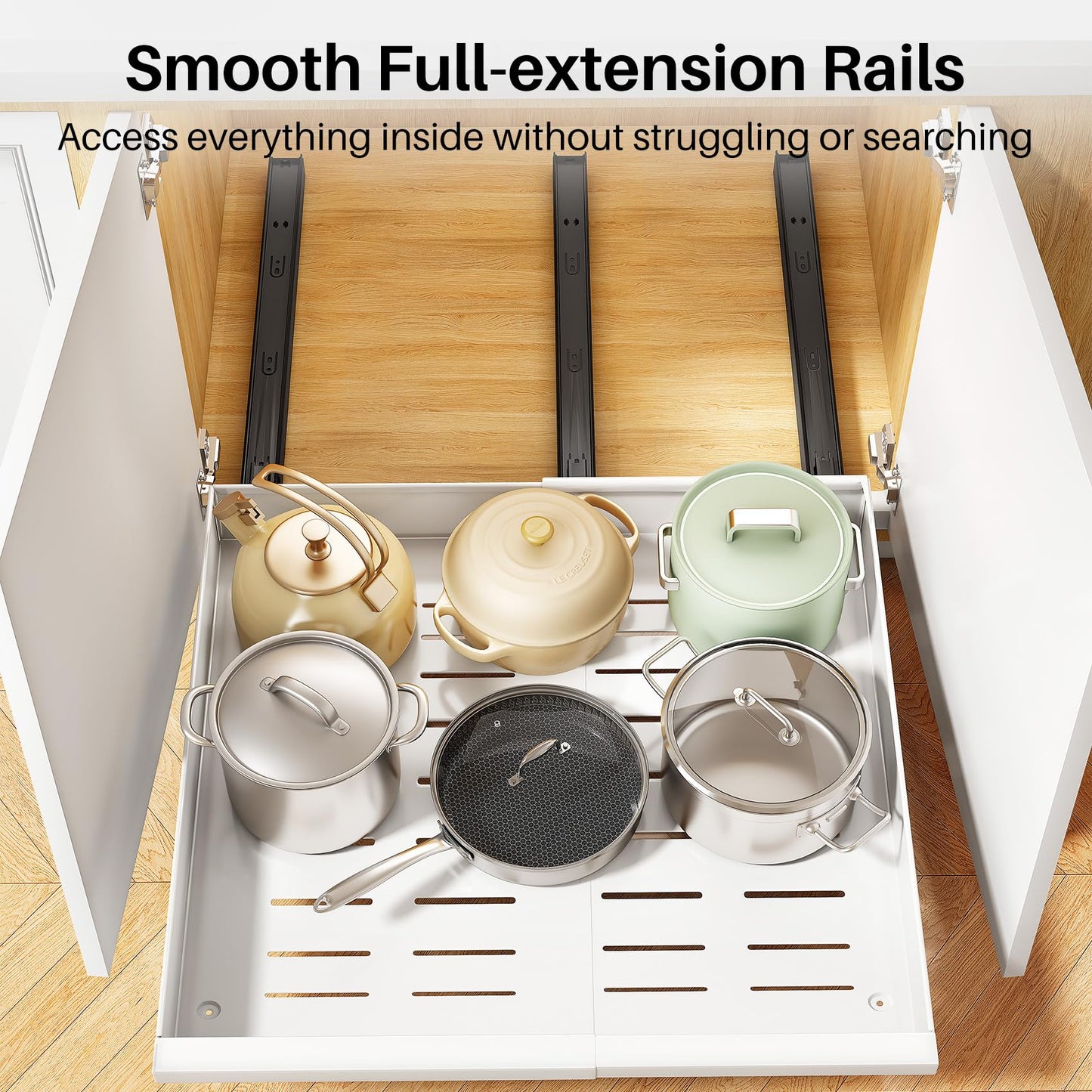 Pull out Cabinet Organizer, 1-Pack Expandable(13.6"-24") Silde out Drawers with Raising Pad for Framed Cabinets, Adjustable Full-Extension Adhesive Roll out Shelves for Kitchen Pantry Home Pot and Pan