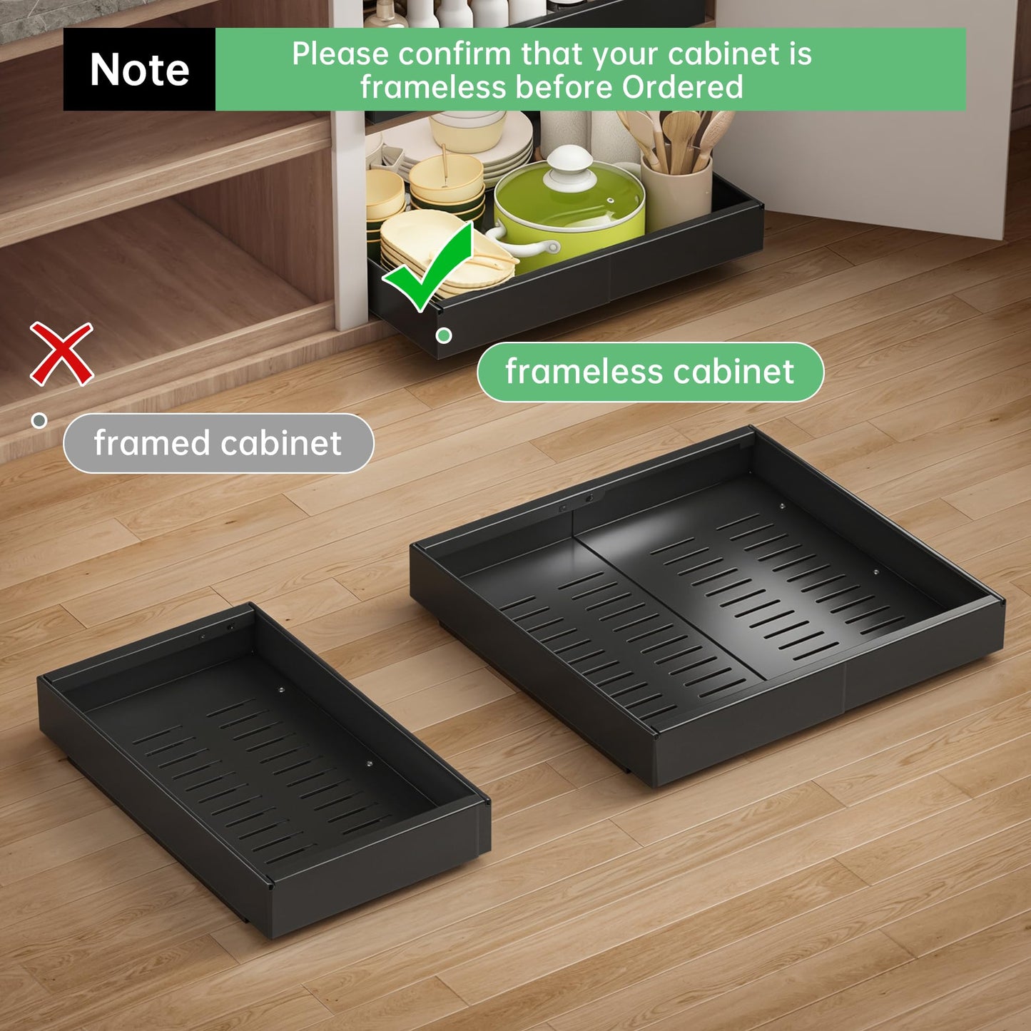 Pull out Cabinet Organizer, 1 pack, 16.5" Deep Heavy Slide out Drawers, Upgrade Three Triple-Slide Rail Systems, Expandable 12.8"-20.8" Roll out Shelf Storage for Kitchen Base Cabinet Organization