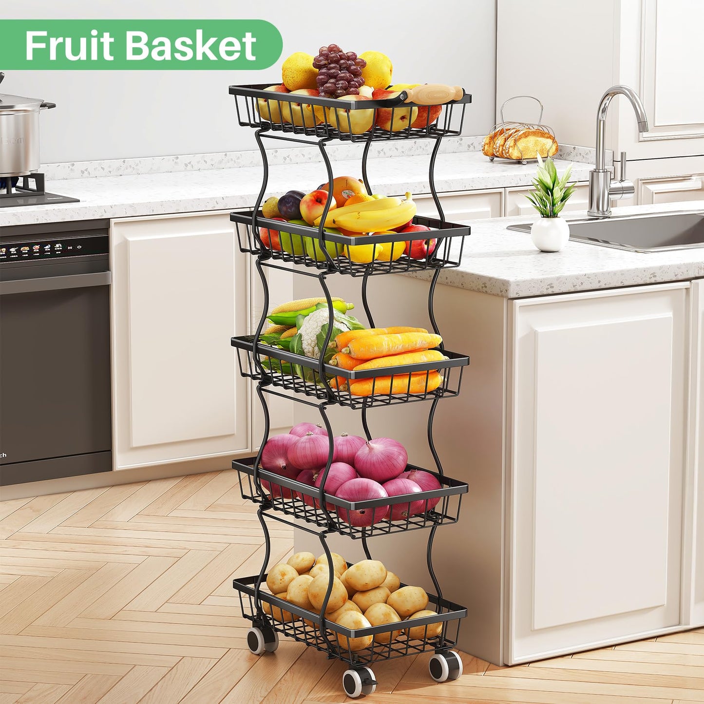 SAYZH Fruit Basket Kitchen Pantry Organizers and Storage - 5 Tier Stackable Metal Wire Basket Stand for Fruit Vegetable Snacks Jars Bins Containers Organization, (Black, 5 Tiers)