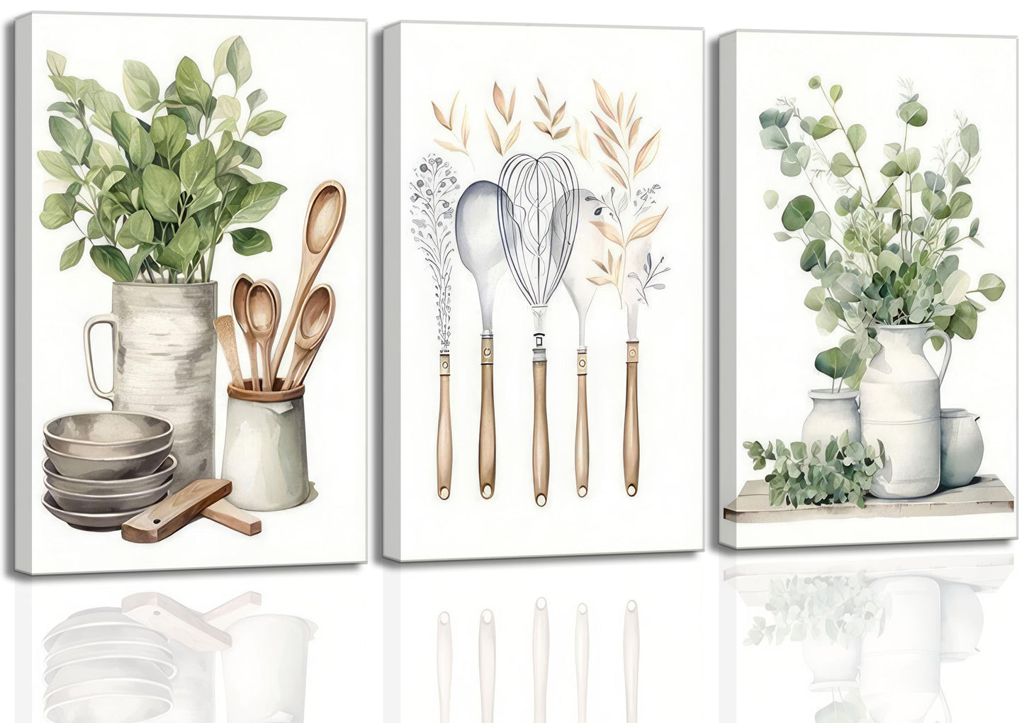 3 Pcs Sage Green Farmhouse Kitchen Canvas Wall Art Minimalist Dining Room Eucalyptus leaves plant Painting Pictures Wall Decor Poster Print Artwork For Dining Room kitchen Home Decoration