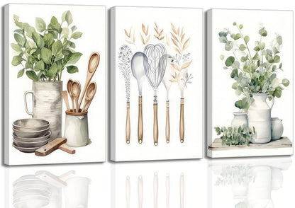 3 Pcs Sage Green Farmhouse Kitchen Canvas Wall Art Minimalist Dining Room Eucalyptus leaves plant Painting Pictures Wall Decor Poster Print Artwork For Dining Room kitchen Home Decoration