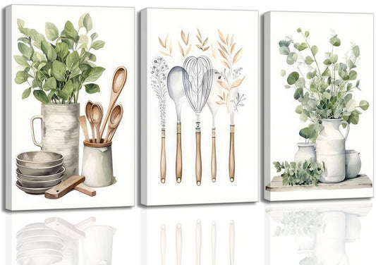 3 Pcs Sage Green Farmhouse Kitchen Canvas Wall Art Minimalist Dining Room Eucalyptus leaves plant Painting Pictures Wall Decor Poster Print Artwork For Dining Room kitchen Home Decoration