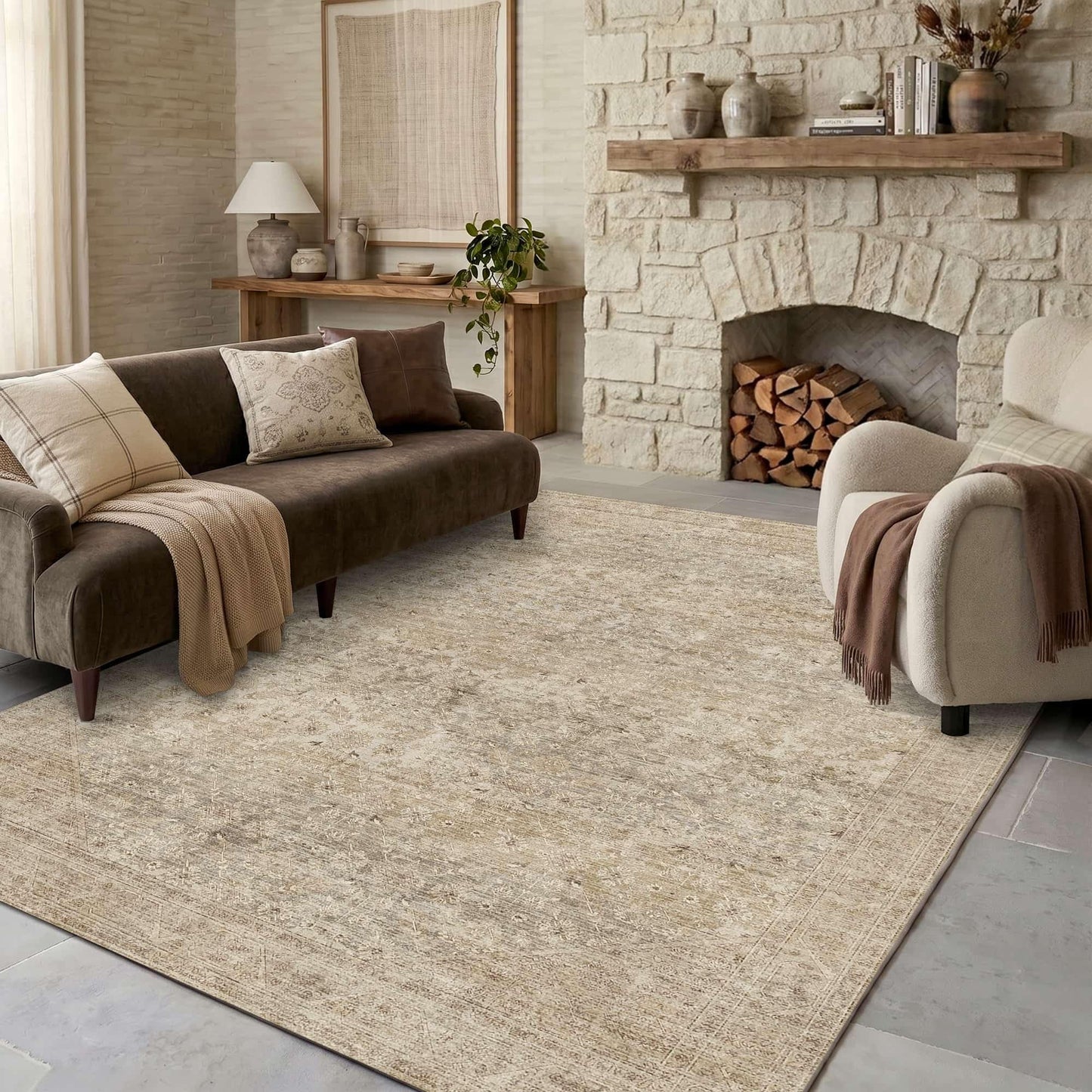 Washable Large Area Rugs for Bedroom, 5x7 Neutral Beige Boho Vintage Stain Resistant Non Slip Low Pile Lightweight Carpet for Living Room Kitchen Dining Room Farmhouse Nursery Kids Room Home Office