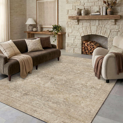 Washable Large Area Rugs for Bedroom, 5x7 Neutral Beige Boho Vintage Stain Resistant Non Slip Low Pile Lightweight Carpet for Living Room Kitchen Dining Room Farmhouse Nursery Kids Room Home Office