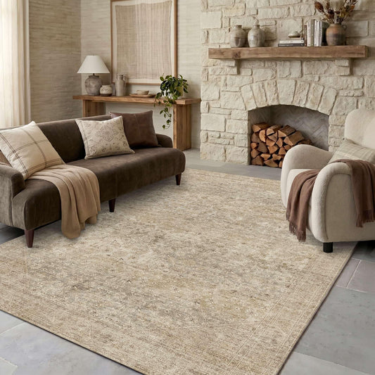 Washable Large Area Rugs for Bedroom, 5x7 Neutral Beige Boho Vintage Stain Resistant Non Slip Low Pile Lightweight Carpet for Living Room Kitchen Dining Room Farmhouse Nursery Kids Room Home Office