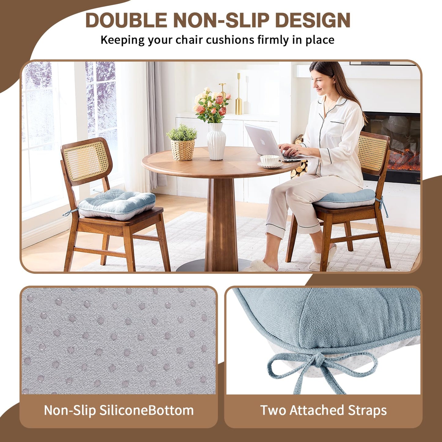 BETU Chair Cushions for Dining Chairs Set of 6,3.5" Thick Kitchen Table Chair Pads with Ties,Non Slip Backing and Covers, Seat Cushion for Dining Room,Bar,Patio Chairs,15.5"X15.5"X3.5",Smoky Blue