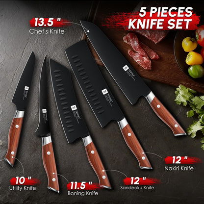 TIVOLI Chef Knife Set, Professional 5PC Knife Set, German High Carbon Stainless Steel Ultra Sharp Kitchen Knives with Full Tang Ergonomic Wood Handle for for Cooking - Gifts for Mom