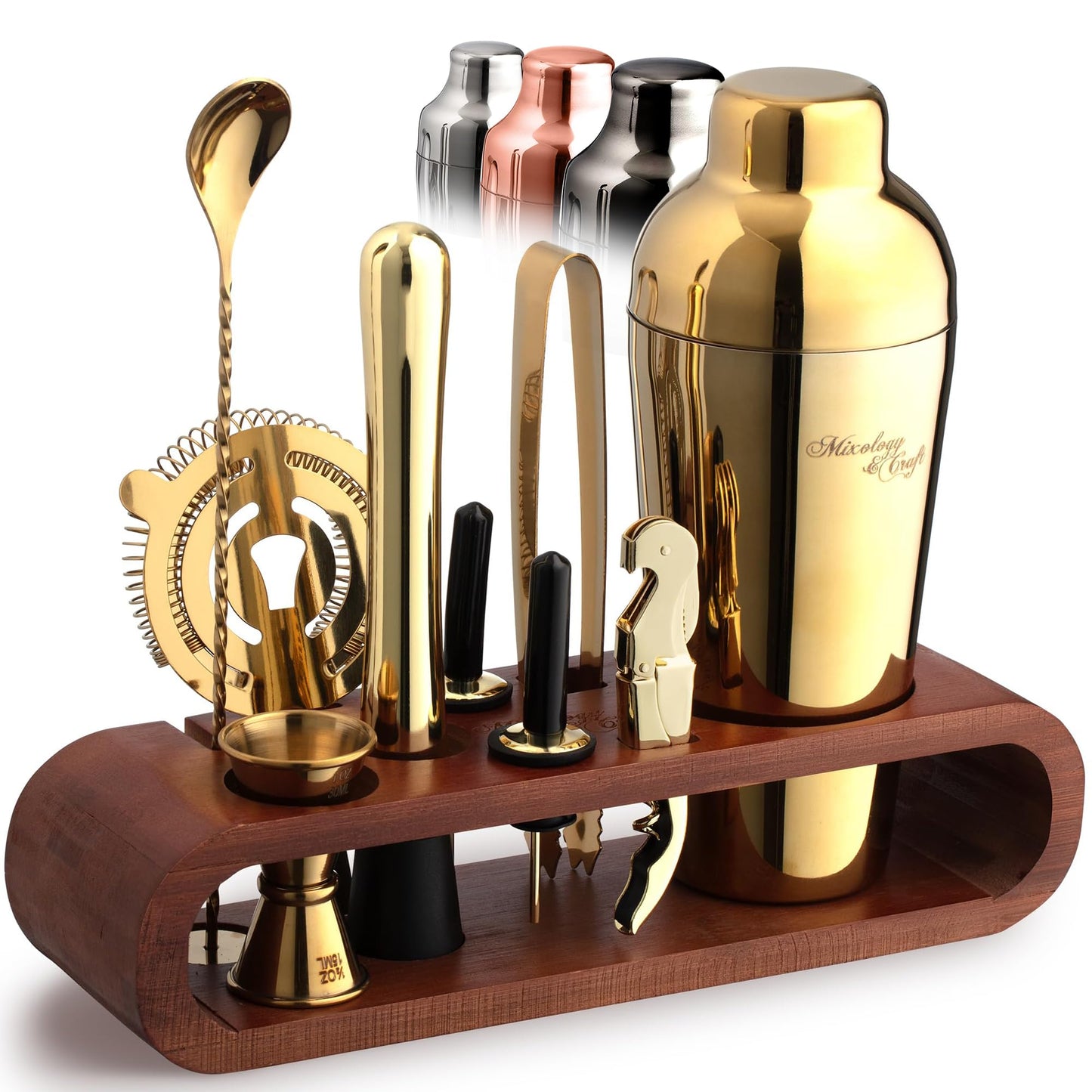 Mixology & Craft Cocktail Shaker Set with Dark Bamboo Stand - Professional 10-Piece Bartender Kit - Complete Bar Set & Cocktail Mixer Kit for Home (Gold)
