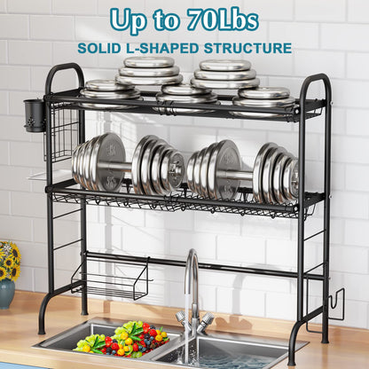HOWDIA 3-Tier Over The Sink Dish Drying Rack,Stainless Steel Dish Rack with Cutlery Holder & Chopping Board Rack, 33.9” x 11.4” x 32.3” for Maximum Kitchen Storage（Black）