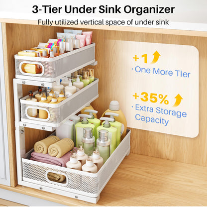 Under Sink Organizer, 1-Pack 3-Tier Thickened Metal Pull out Cabinet Organizer Shelf, Height Adjustable Slide out Storage Drawer Rack for Kitchen Bathroom Pantry Laundry Home Organization, White