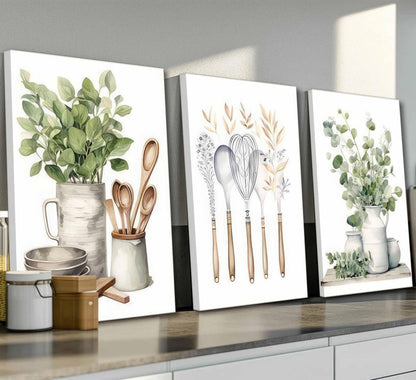 3 Pcs Sage Green Farmhouse Kitchen Canvas Wall Art Minimalist Dining Room Eucalyptus leaves plant Painting Pictures Wall Decor Poster Print Artwork For Dining Room kitchen Home Decoration