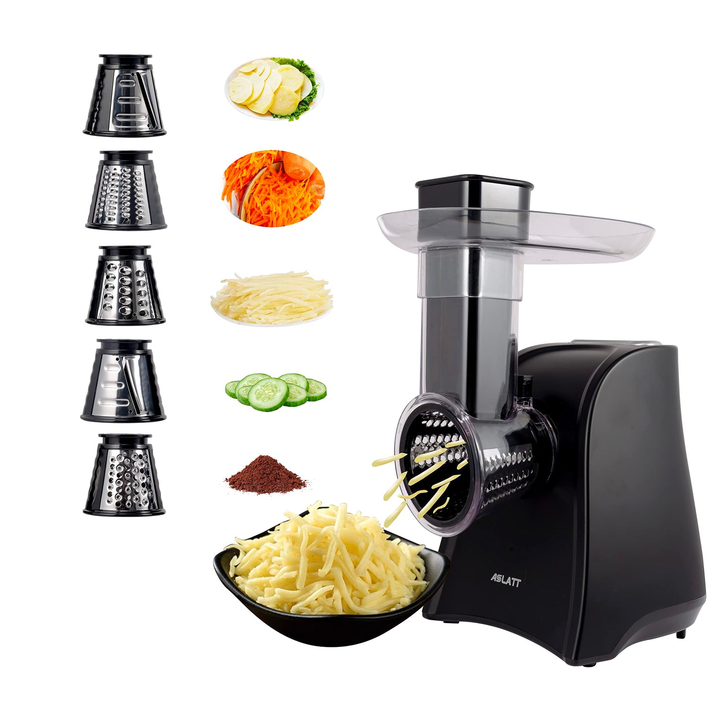 ASLATT Electric Slicer, Electric Cheese Grater for Home Kitchen Use, One-Touch Control Cheese Shredder, Salad Maker Machine for Fruits, Vegetables, Cheese Grater with 5 Attachments