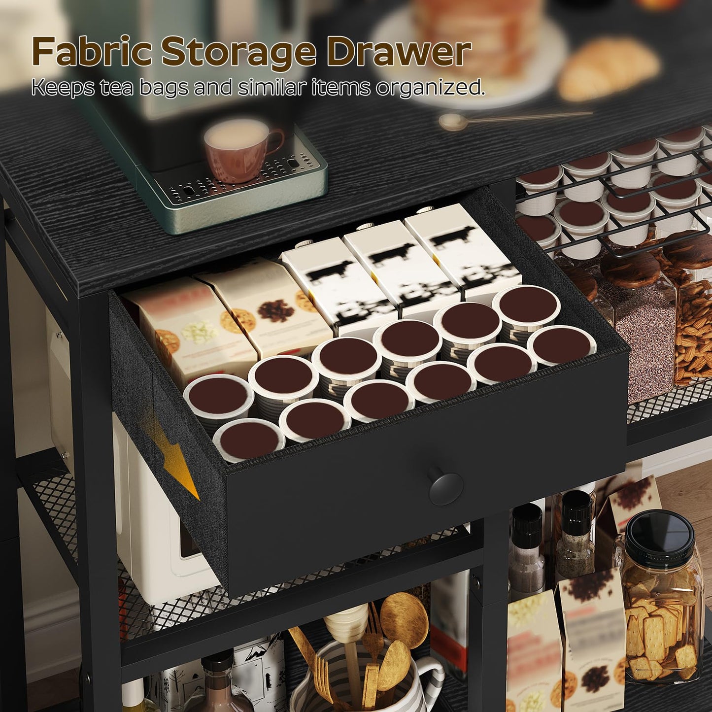 YATINEY Bakers Rack with Storage, 5-Tier Coffee Bar Station with Drawer, Kitchen Coffee Stand with Pod Drawer Holder, for Living Room, Home Cafe, Kitchen, Black KF60BBY1