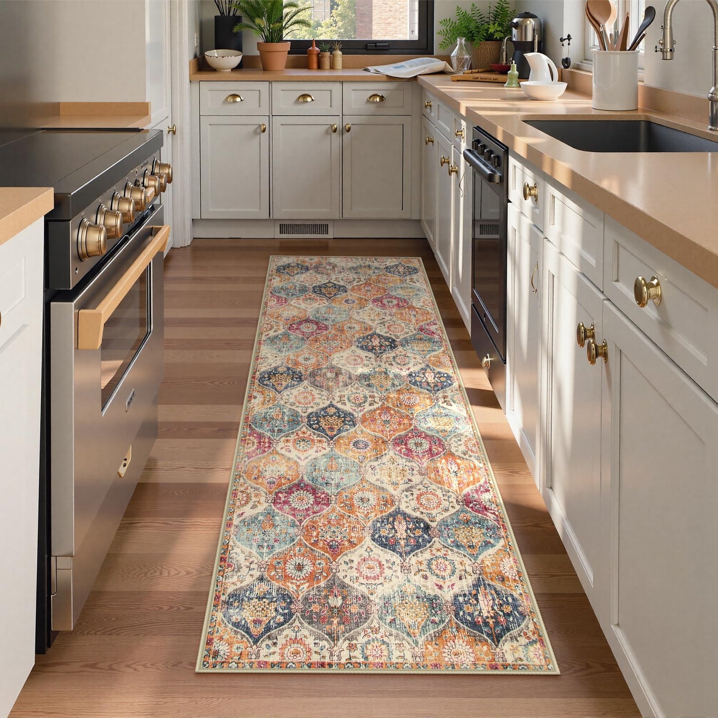 Lahome Moroccan Hallway Runner Rug, 2'5''x8' Ultra-Thin Washable Runners for Hallways Kitchen, Oriental Laundry Room Rug Non-Slip Carpet for Entryway Bedroom Bathroom Elise, Cream/Multi