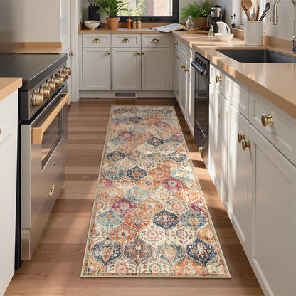 Lahome Moroccan Hallway Runner Rug, 2'5''x8' Ultra-Thin Washable Runners for Hallways Kitchen, Oriental Laundry Room Rug Non-Slip Carpet for Entryway Bedroom Bathroom Elise, Cream/Multi