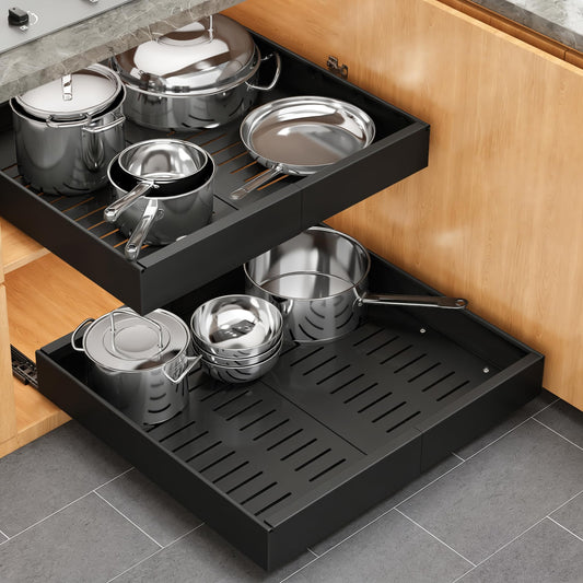 Pull out Cabinet Organizer, 1 pack, 16.5" Deep Heavy Slide out Drawers, Upgrade Three Triple-Slide Rail Systems, Expandable 12.8"-20.8" Roll out Shelf Storage for Kitchen Base Cabinet Organization
