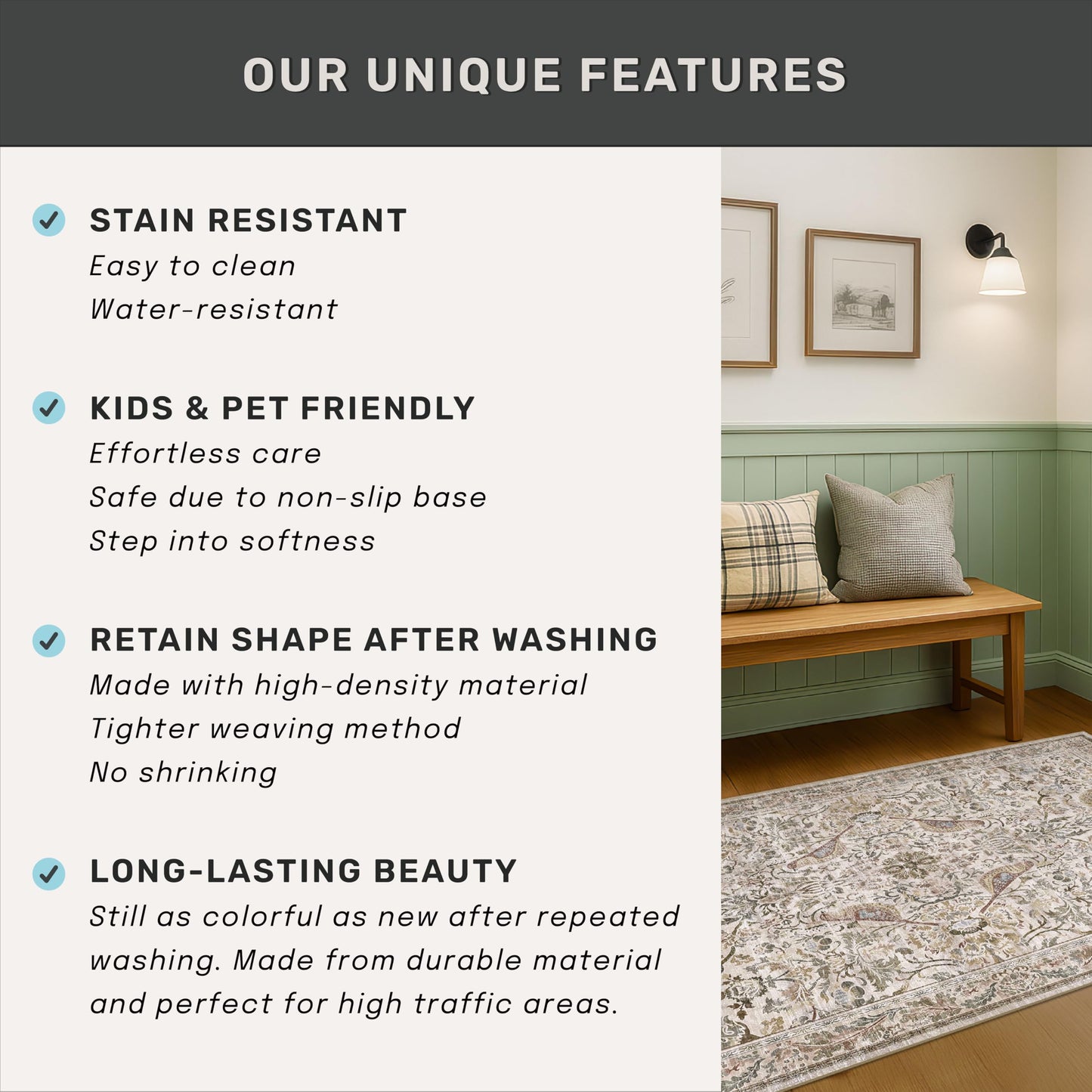 Boho 2'6"x8' Long Kitchen Runner Rugs Non Skid Washable, Stain Resistant Carpet Runners for Hallway 8ft, Low Pile Non Slip Rubber Backing Runner Rug for Kitchen, Traditional Floral Home Décor