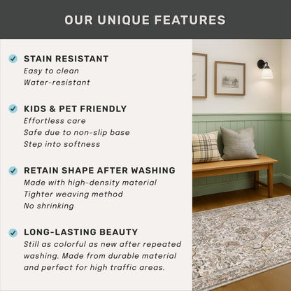 Boho 2'6"x8' Long Kitchen Runner Rugs Non Skid Washable, Stain Resistant Carpet Runners for Hallway 8ft, Low Pile Non Slip Rubber Backing Runner Rug for Kitchen, Traditional Floral Home Décor
