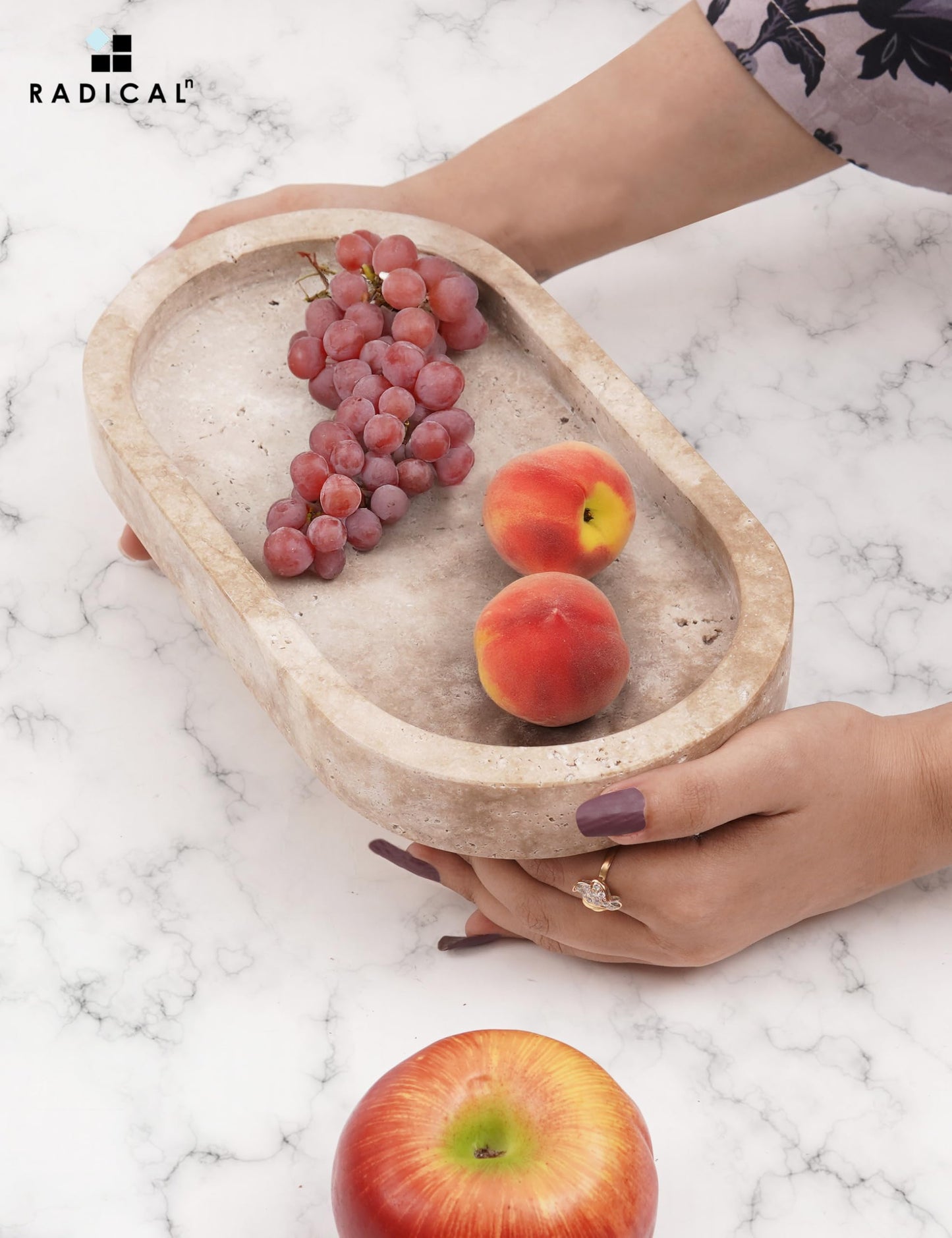 Radicaln Marble Oval Tray with Stand 10" Inches Travertine Handmade Bathroom Vanity Tray, Ideal Home Kitchen Bathroom Table Tray, Decorative Countertop Tray for Jewelry & Perfume