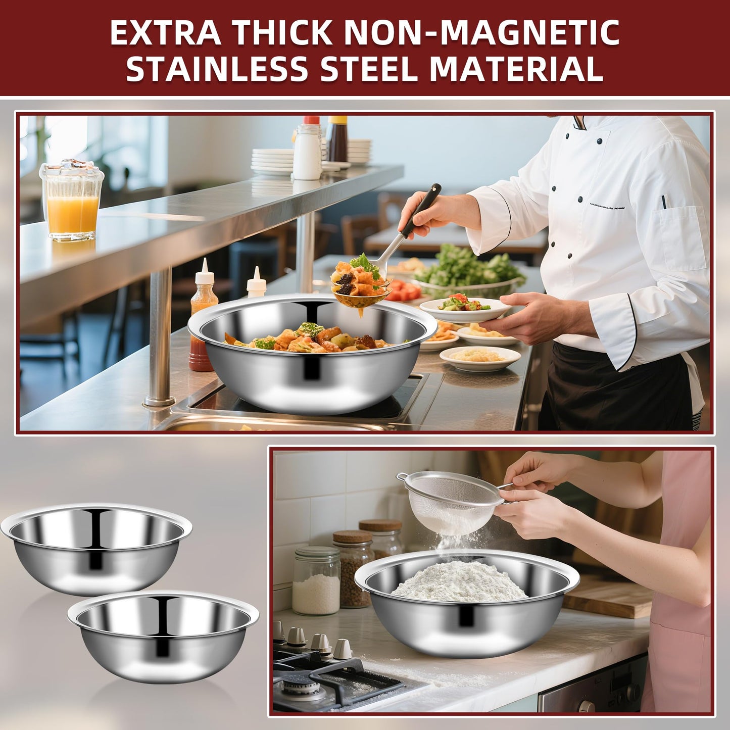 TREEHAC 6 Pcs Stainless Steel Mixing Bowls Metal Mixing Bowls Extra Large Basin Salad Bowl with Deeper Edge, Dishwasher Safe, Mirror Finish for Home and Commercial, Silver (16 Inch 13 Qt)
