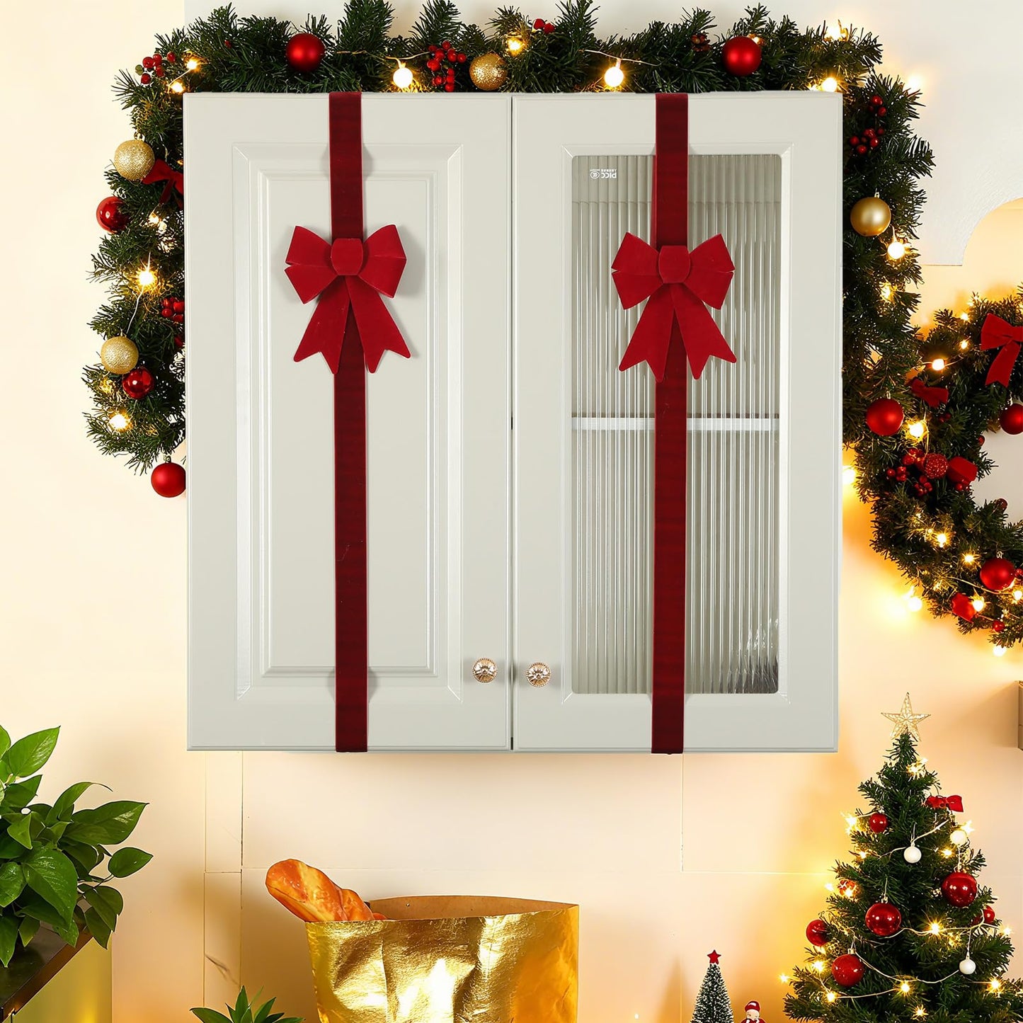 Daifunli 16 Pcs Christmas Cabinet Bows DIY Kitchen Velvet Cabinet Ribbons Bows for Kitchen Dining Door Home Holidays Decoration(Burgundy,Velvet)