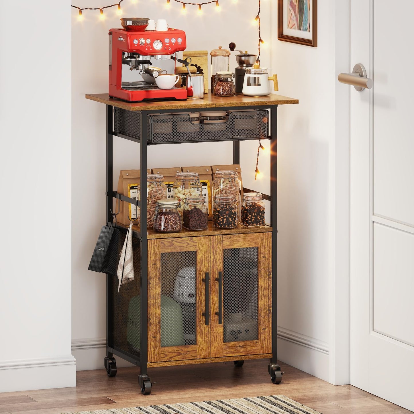 3 Tier Rolling Coffee Cart with 2-Door & Pull-Out Wire Basket Drawer, Movable Coffee Bar Cabinet on Lockable Casters, 32.7" H Microwave Cart with Storage for Home, Kitchen, Dining Room (Rustic Brown)
