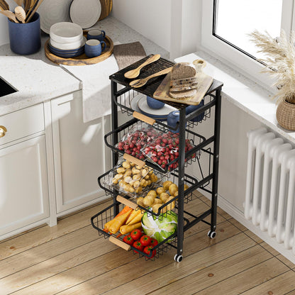 JAQ 5-Tier Fruit Vegetable Storage Cart with Wood Top, Rolling Kitchen Basket Organizer with Ergonomic Wood Handle & Wheels for Snacks Produce, Heavy Duty Metal Vianderos para Cocina Modernos, Black