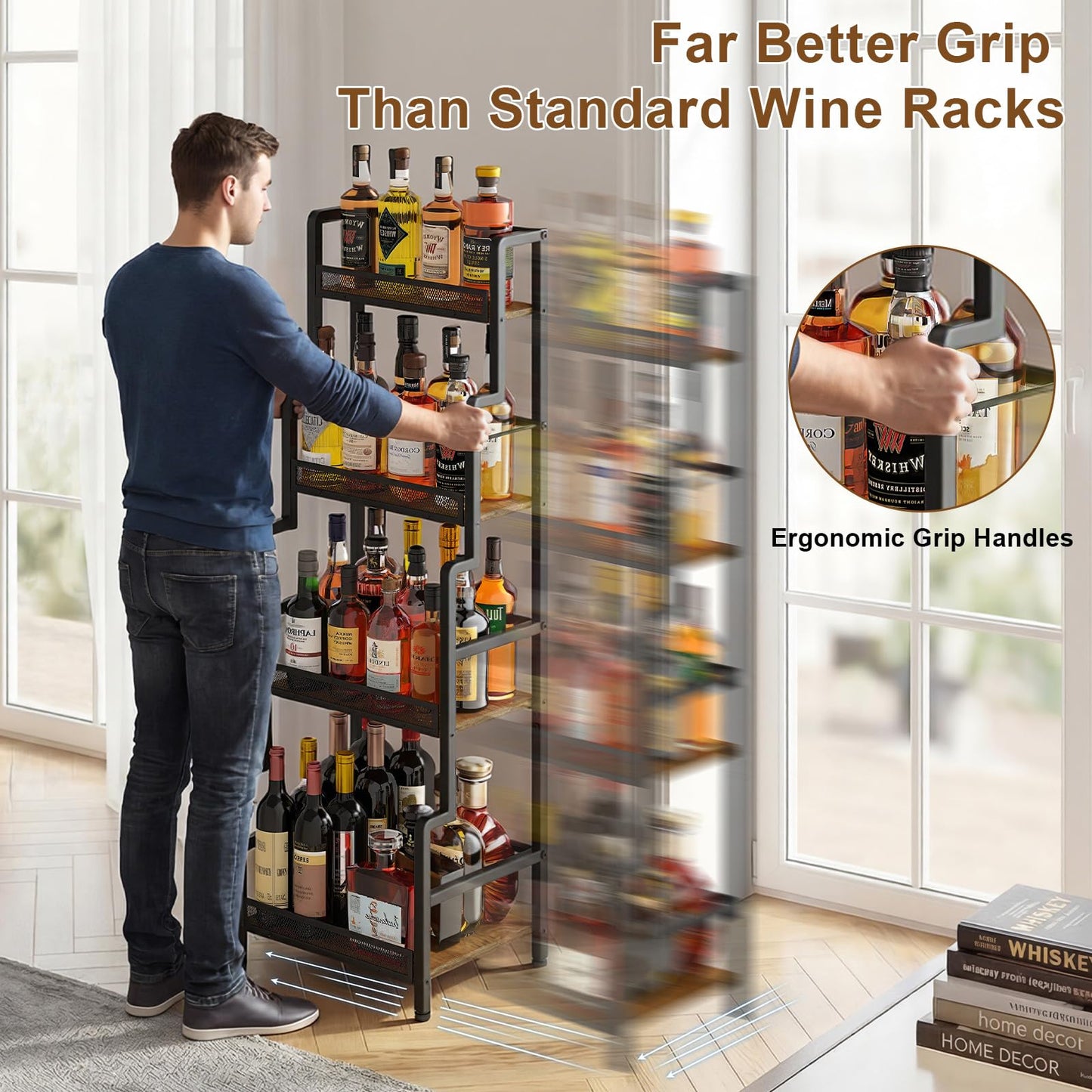 Hayexiha 4-Tier Stepped Freestanding Wine Rack, Large Capacity Liquor Cabinet with Anti-Fall Guardrails and Rounded Corners, Bottle Display Shelf & Mini Bar for Living Room, Home Bar, Kitchen Corner
