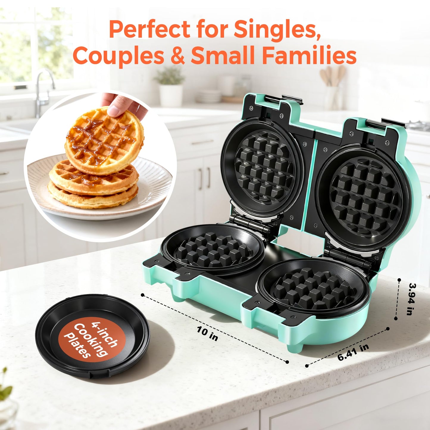 2-in-1 Double Waffle & Pancake Maker - CACHOO Mini 4" Nonstick Waffle Iron & Small Round Griddle with 4 Removable Plate Sets, Dishwasher Safe, Perfect for Small Spaces, Apartments & Dorms, Aqua