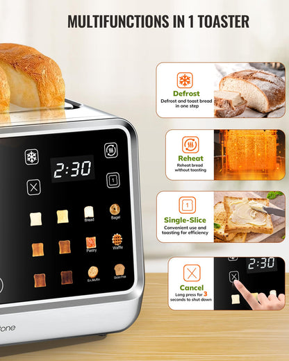 Toaster 4 Slice with TouchScreen, Memory Function & Single-Slot Focus, Keenstone 1800W Smart Digital Toaster for Ultimate Control, Wide Slot to Reheat & Defrost Bagels, Bread, Waffles, Stainless Steel