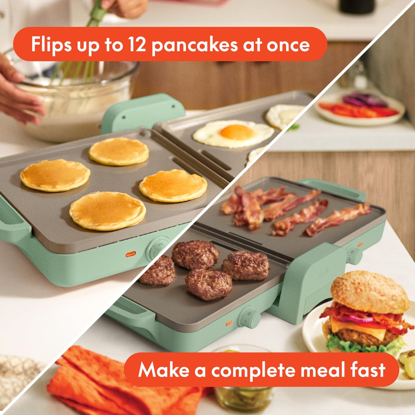 Bella 10"x 20" Ceramic Fold-n-Store Dual Temp Griddle, Fits-anywhere™ Kitchenware, EverGood Ceramic Nonstick Coating, 2 Temperature Zones up to 400°F, Dishwasher Safe Drip Tray, 1500 Watt, Seaglass