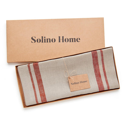 Solino Home Linen Table Runner 72 Inches Long - 100% Pure Linen Red and Natural French Stripe Table Runner 14 x 72 Inch for Dining, Dresser, Mothers Day
