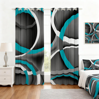 Castle Fairy Gray Black Blue Swirls Window Drapes,Retro Circle Geometric Kitchen Blackout Window Treatments 52Wx84L,Modern Abstract Art Livingroom Bedroom Decor Curtains