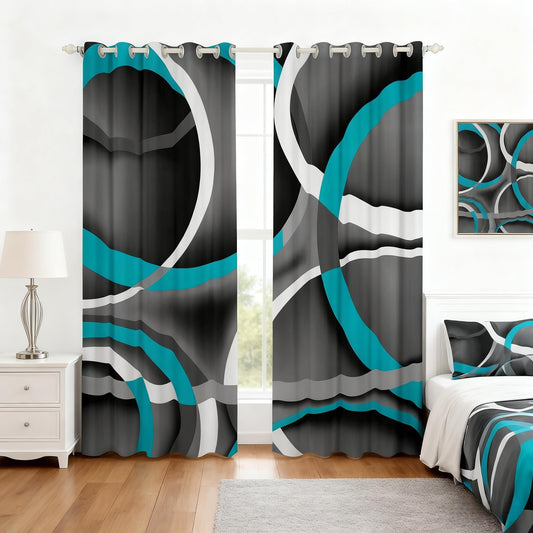 Castle Fairy Gray Black Blue Swirls Window Drapes,Retro Circle Geometric Kitchen Blackout Window Treatments 52Wx84L,Modern Abstract Art Livingroom Bedroom Decor Curtains