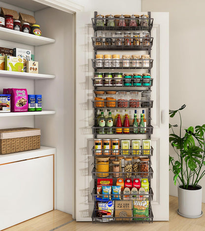 Mefirt 10-Tier Over The Door Pantry Organizer, Pantry Organization and Storage, Black Metal Hanging Adjustable Basket, Wall Spice Rack Seasoning Shelves, Home & Kitchen Essentials