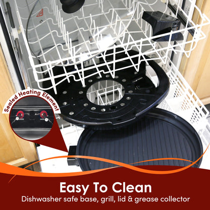 Elite Gourmet EMG-980BX Large Indoor Electric Round Nonstick Grill Cool Touch Fast Heat Up Ideal Low-Fat Meals Dishwasher Safe Includes Glass Lid, 14", Black