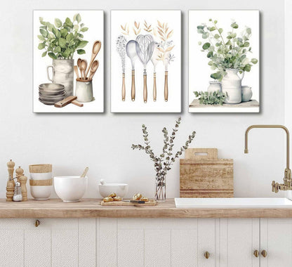 3 Pcs Sage Green Farmhouse Kitchen Canvas Wall Art Minimalist Dining Room Eucalyptus leaves plant Painting Pictures Wall Decor Poster Print Artwork For Dining Room kitchen Home Decoration