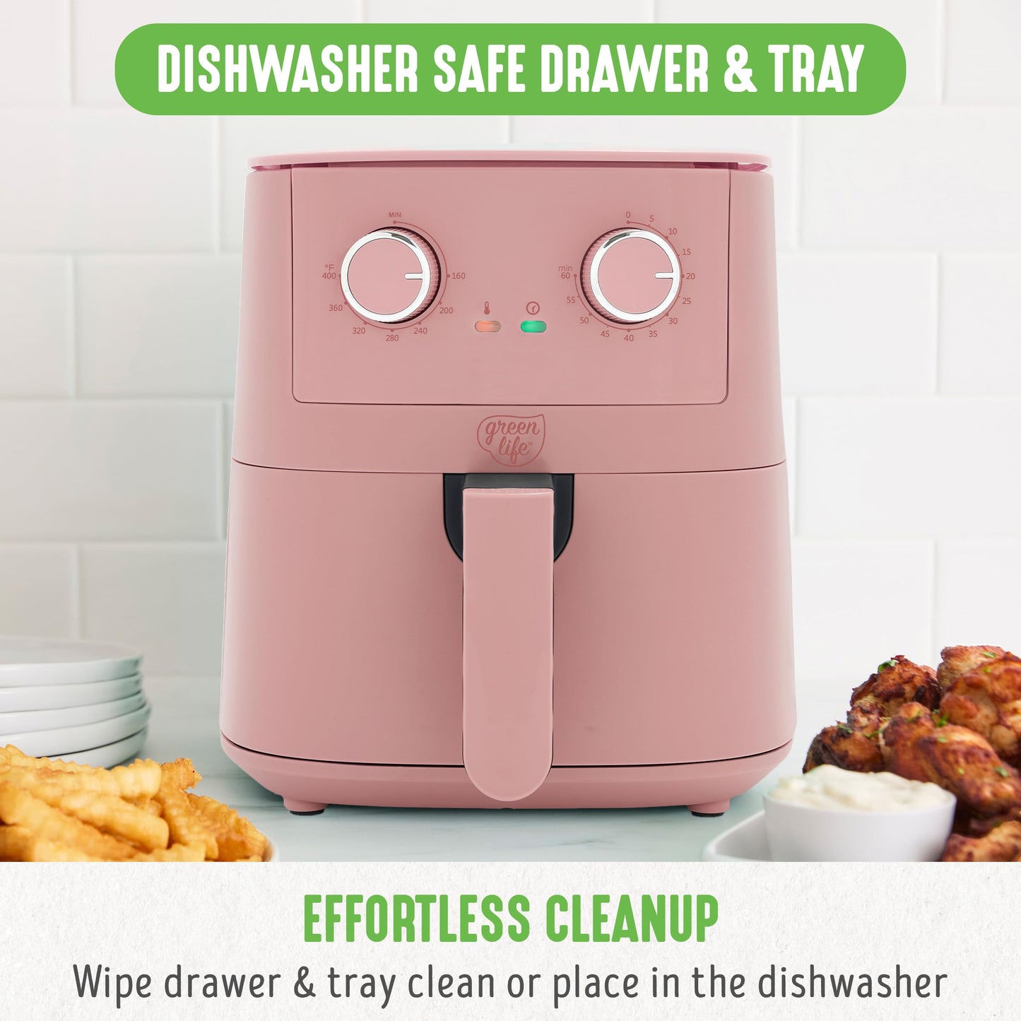 GreenLife 4.5QT Air Fryer, Mechanical Dial Controls, PFAS-Free Ceramic Nonstick Drawer, Adjustable Temp & Timer, LED Indicator, Oil-Less Cooking, Dishwasher Safe, Compact Family Size, Pink