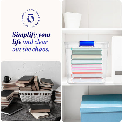 HOMZ 4-Pack 31 Quart Latching Lid, Clear Plastic Storage Organizer Bins, Blue – Stackable Containers for Home & Office Shelves, Kitchen, Garage, and Bathroom Organization