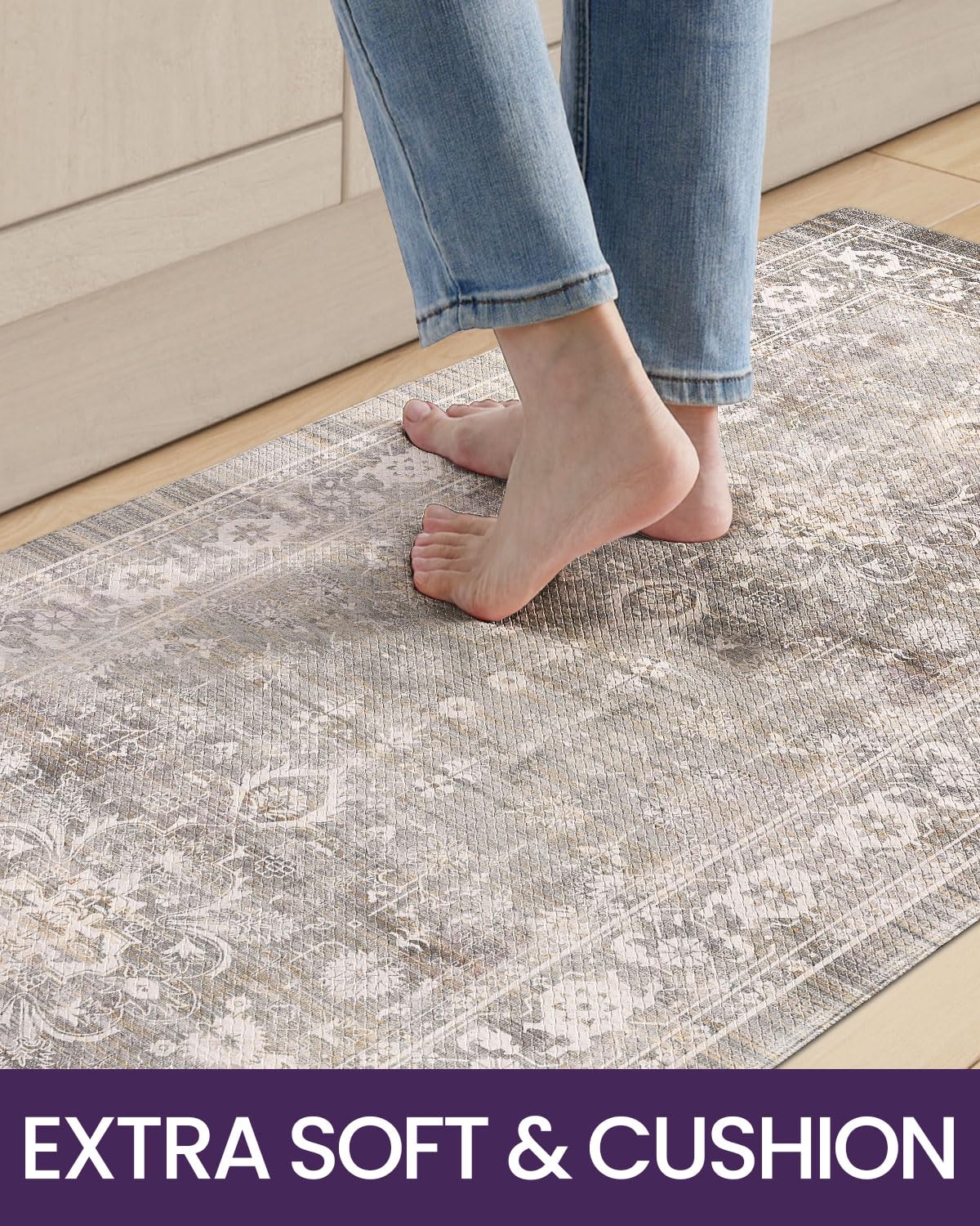 DEXI Kitchen Floor Mats Cushioned Anti Fatigue, 23x86 Long Wide Standing Comfort Runner Rug, Waterproof Retro Floral Memory Foam Padded for Front Sink Laundry, Beige Grey