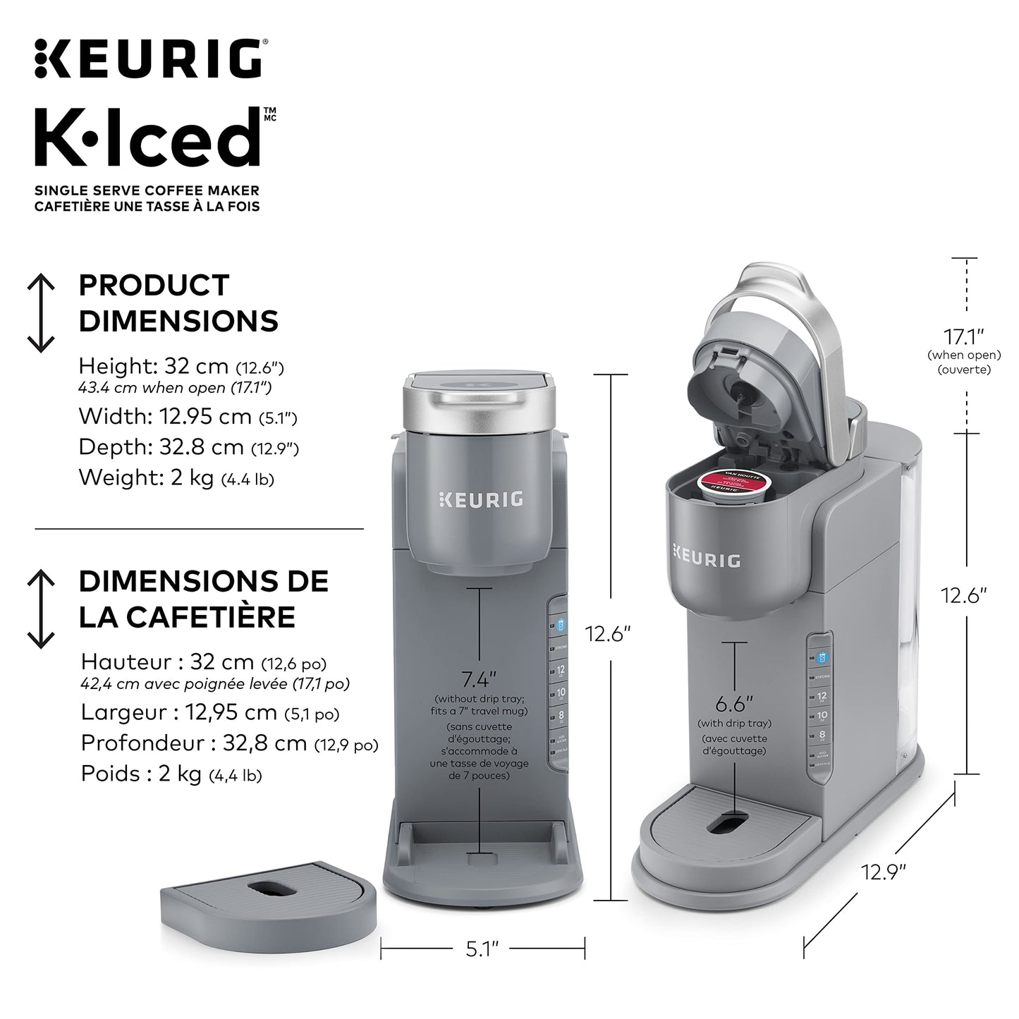 Keurig K-Iced Single Serve K-Cup Pod Coffee Maker, Featuring Simple Push Blue Button Brew Over Ice, Grey