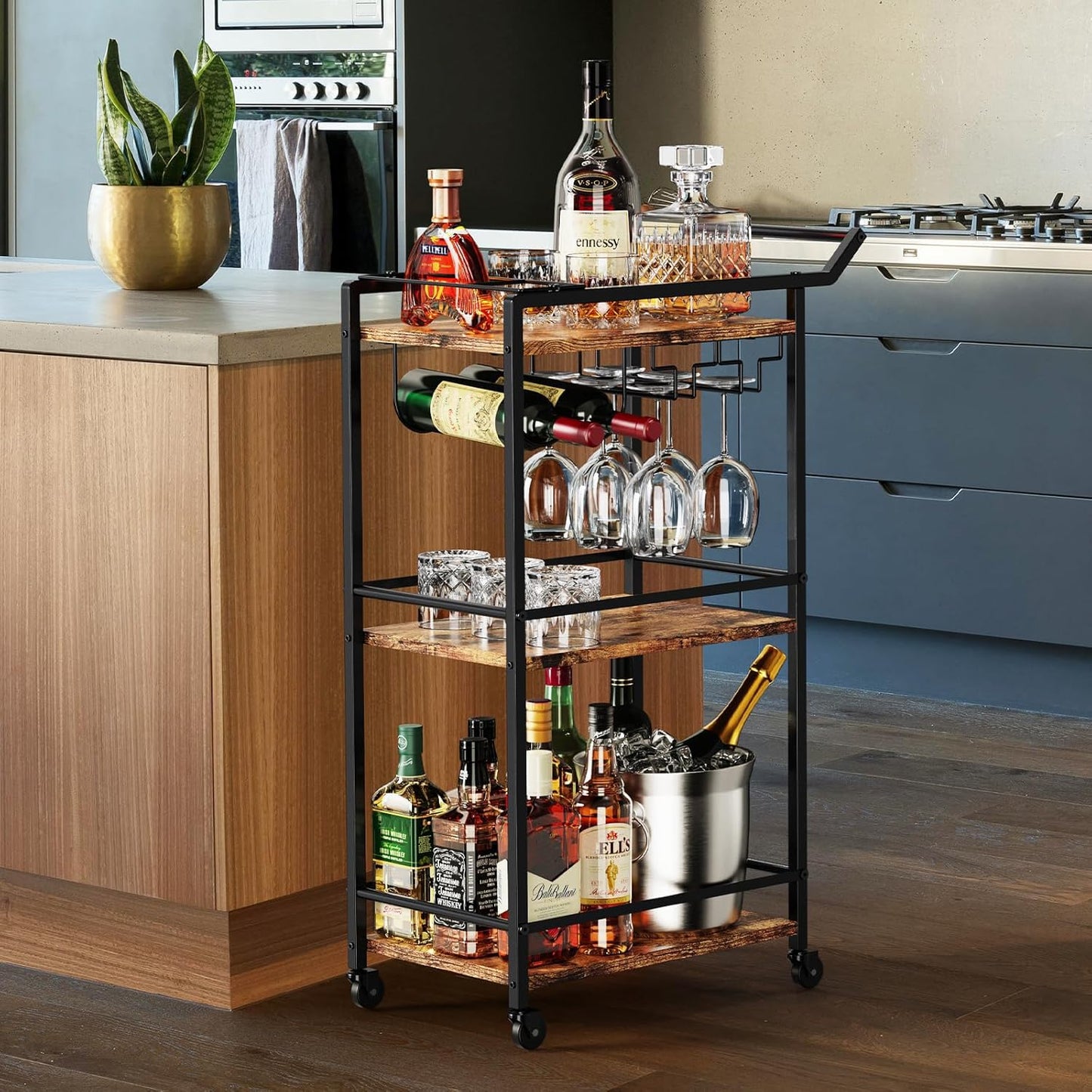 LOTEYIKE 3 Tier Bar Cart, Mini Liquor Utility Cart for Wine Beverage Dinner Party, Rolling Wine Coffee Drink Serving Cart with Lockable Wheels for Home Kitchen Bars (Rustic Brown)