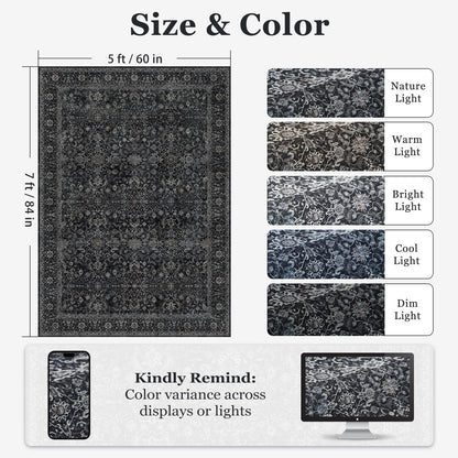 Jainmy Dark 5x7 Area Rugs for Living Room Bedroom, Washable Non Slip Low Pile Thin Soft Carpet Rugs for Dining Room/Kitchen/Home Office/Nursery, Vintage Farmhouse Earth Tone Midnight with Gray Accents