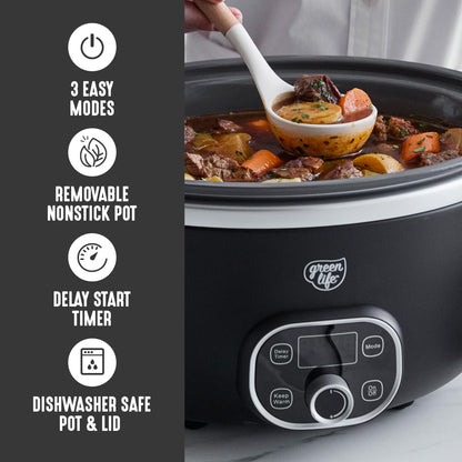 GreenLife 6QT Slow Cooker, Non-Toxic PFAS-Free Ceramic Nonstick Removable Interior Bowl, Programmable, Family Friendly, Keep Warm, Stovetop & Oven Safe, Dishwasher Safe Crock, Timer, Glass Lid, Black