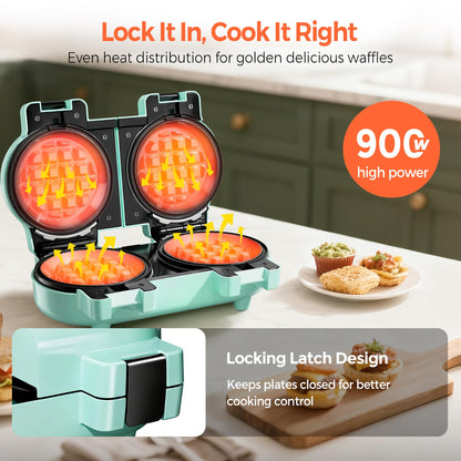 2-in-1 Double Waffle & Pancake Maker - CACHOO Mini 4" Nonstick Waffle Iron & Small Round Griddle with 4 Removable Plate Sets, Dishwasher Safe, Perfect for Small Spaces, Apartments & Dorms, Aqua