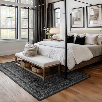Jainmy Dark 5x7 Area Rugs for Living Room Bedroom, Washable Non Slip Low Pile Thin Soft Carpet Rugs for Dining Room/Kitchen/Home Office/Nursery, Vintage Farmhouse Earth Tone Midnight with Gray Accents